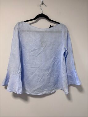 Massimo Dutti Light Blue Bell Sleeve Linen Top